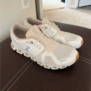 On Running White and Tan Sneakers